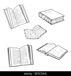 Offene und geschlossene Bücher, handgezeichnete Skizzen. Vektorabbildung. Büchersatz für Bibliotheken, Lesen und Studium, isoliert auf weißem Hintergrund. Kein Stock Vektor