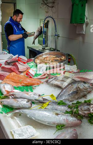 Malaga Spanien, Andalusien, El Molinillo Capuchinos, Mercado Municipal de Salamanca, Lebensmittelmarkt in der Nachbarschaft, Fischhändler Mann Erwachsene männliche Arbeiter, die Whol vorbereiten Stockfoto