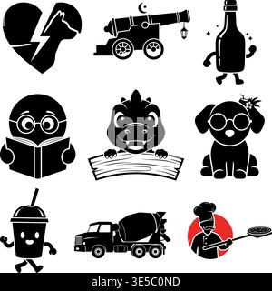 Gemischte Silhouette Icons Bundle Cute Animal Construction Food Fantasy Vektor Clipart Set Stock Vektor