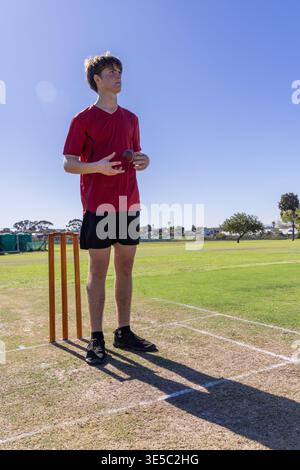 Männlicher Teenager, der auf dem Cricketfeld steht, trägt ein rotes Hemd, schwarze Shorts, die den Ball in der Nähe von Stümpfen halten Stockfoto