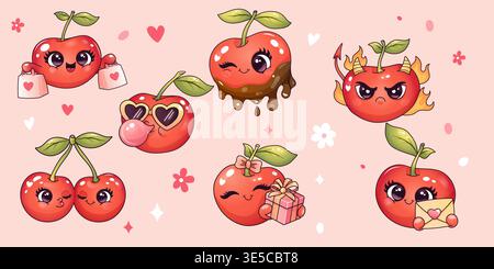 Niedlicher Aufkleber mit Kawaii-Kirschfiguren mit verspielten Emotionsherzen und lustigen Comic-Ausdrücken Stock Vektor