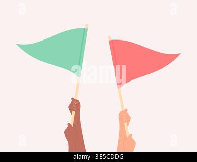 Hände von Menschen mit verschiedenen Hauttönen, die grüne und rote Fahnen halten, flache Vektor-Illustration Stock Vektor