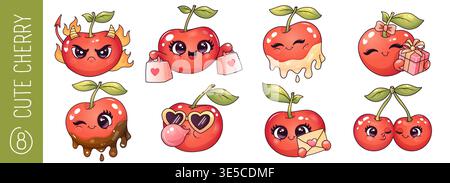 Niedliche Sticker-Kollektion mit Kawaii-Emotions-Herzen und verspielten Cartoon-Ausdrücken Stock Vektor
