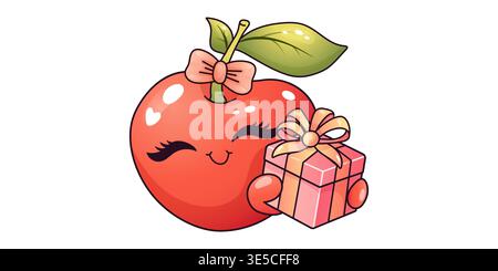 Niedliche Kirschfigur mit Geschenkbox und Schleife im verspielten Kawaii-Zeichentrickstil Stock Vektor