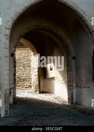 Sonnendurchfluteter mittelalterlicher Steinbogen mit Kopfsteinpflaster in der Altstadt von Tallinn, Estland, Anfang Frühling Stockfoto