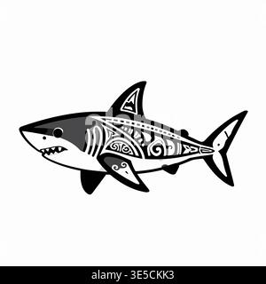 Dieses Bild zeigt einen einzelnen Hai in einem traditionellen polynesischen Stammes-Tattoo-Stil mit auffälligen Schwarz-weiß-Mustern. Stock Vektor