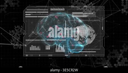 Anzeige von 3D-Drahtmodellpulsen mit Cyan-Pfaden im virtuellen Dashboard mit gepunktetem Globus Stockfoto