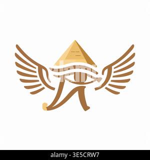 Dieses Bild zeigt eine einzelne, saubere, flache Vektorillustration eines geflügelten Horus-Auges innerhalb einer Pyramide, wobei eine warme Bronze-Farbpalette verwendet wird. Stock Vektor