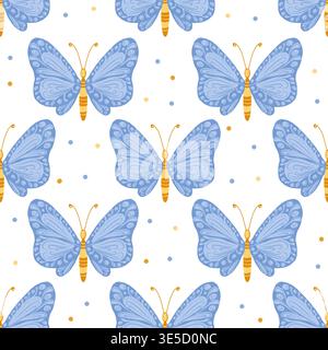 Ein durchgehendes Muster blauer Schmetterlinge im Aquarellstil, geeignet für Textilien, Schreibwaren, Verpackungen und dekorative Hintergründe. Stockfoto