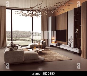 Modernes Wohnzimmer mit großem Sofa und Panoramablick Stockfoto