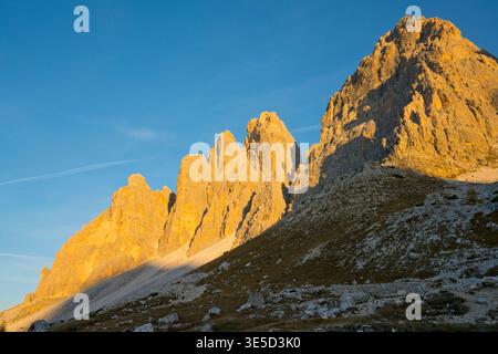 Die drei Zinnen di Lavaredo, Nationalpark Tre Zime, Südtirol, Italien Stockfoto