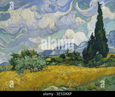 Wheat Field with Cypresses (1889), ein Gemälde von Vincent Willem van Gogh (* 30. März 1853 in Groot-Zundert; gestorben am 29. Juli 1890 in Auvers-sur-Oise), ein niederländischer Maler und Zeichner, einer der Begründer der modernen Malerei, schuf während seines Aufenthalts im Sankt-Rémy-de-Provence. Illustration, Reproduktion eines Gemäldes. Authentisches, genaues Datum des Originals unbekannt. Historisch. Stockfoto