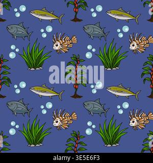 Nahtloses Vektormuster verschiedener Fische und Wasserpflanzen in einem tiefblauen Ozean, perfekt für Oberflächendesign. Stock Vektor