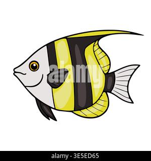 Karikaturvektor-Illustration eines hellen gelben und schwarz gestreiften Engelsfisches schwimmend, isoliert auf weißem Hintergrund. Stock Vektor