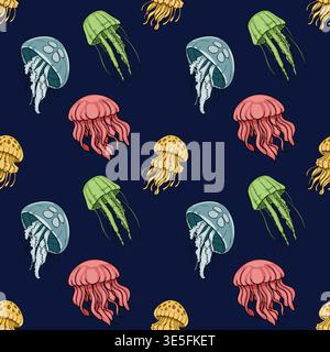Buntes Vektormuster der verschiedenen Quallen, die auf einem dunkelblauen Hintergrund schwimmen, nahtlose Illustration Stock Vektor