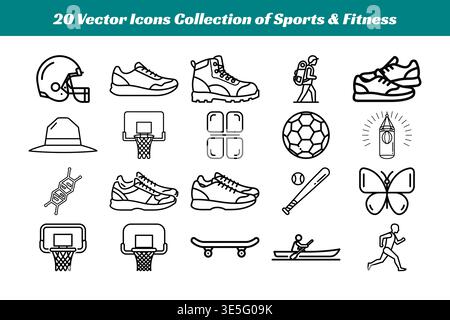 Dieses Bild zeigt eine Reihe von zwanzig Vektorsymbolen, die verschiedene Sport- und Fitnessaktivitäten darstellen. Jedes Symbol ist mit einer einfachen Linienzeichnung versehen Stock Vektor