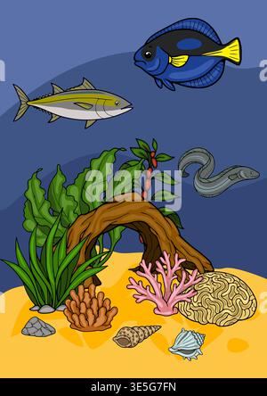 Lebendige Unterwasser-Vektor-Poster-Illustration mit verschiedenen Meereslebewesen und Korallenriffelementen Stock Vektor