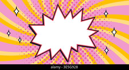 Starburst-Vektor-Comic-Star-Banner mit rosa Burst und leerer Mitte über rosa und gelbem radialen Hintergrund mit Halbton und Glitzern. Starburst Stock Vektor