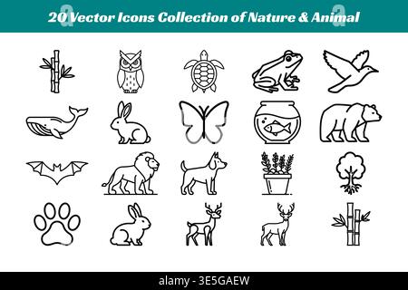 Dieses Bild zeigt eine Reihe von zwanzig verschiedenen Vektorsymbolen, die verschiedene Elemente der Natur und Tiere darstellen. Die Symbole sind in einem einfachen cl gestaltet Stock Vektor