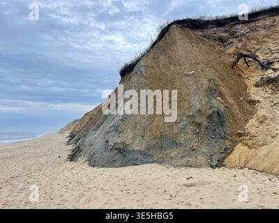 Erodierende Sanddünen mit Blick auf den Atlantik am Cahoon Hollow Beach in der Cape Cod National Seashore in Wellfleet, Massachusetts. Stockfoto