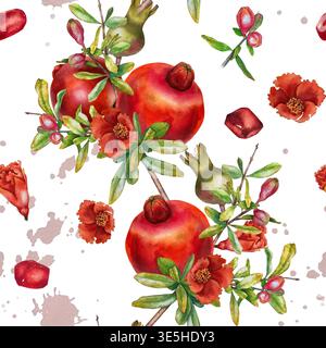 Aquarell nahtloses Muster ganze Granatäpfel öffnen Fruchtsamen Blüten Knospen und Blätter auf einem weißen Hintergrund. Abbildung für Verpackung Küchendekoration Stockfoto