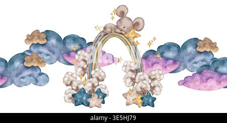 Nahtloser Rand in Aquarellfarben mit niedlicher schlafender Maus auf Regenbogen, Baumwollblumen, Wolken und goldenen Sternen. Sanftes Pastelldesign für Kinderzimmer, Tapeten, Textil und Babydusche. Stockfoto