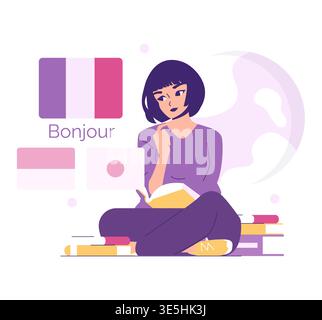 Junge Frau, die Französisch lernt in gemütlicher Umgebung, umgeben von Büchern und internationalen Fahnen. Die Illustration zeigt das Wesen des Sprachenlernens und der kulturellen Erkundung. Stock Vektor