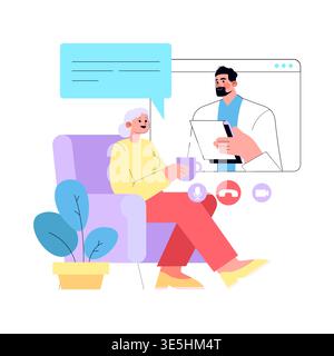 Vektor-Illustration einer älteren Frau, die einen Becher hält und während einer virtuellen medizinischen Konsultation lächelt. Ein medizinisches Fachpersonal erscheint auf dem Bildschirm für eine Online-Untersuchung. Stock Vektor