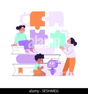 Kinder arbeiten zusammen, um ein großes Puzzleteil zu lösen, während sie auf einem Stapel Bücher sitzen. Die Vektor-Illustration zeigt Teamwork, Lernen und Kreativität in einer spielerischen Umgebung. Stock Vektor