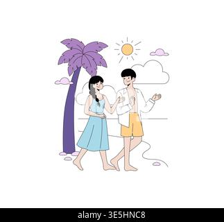 Vektor-Illustration eines Paares, das einen Spaziergang am Strand unter der Sonne genießt. Die Figuren sind mit einer Palme dargestellt und vermitteln an einem Sommertag ein Gefühl der Entspannung und des Glücks. Stock Vektor