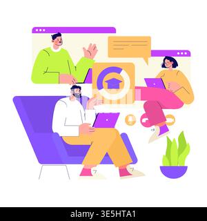 Vektor-Illustration von drei Personen, die an einem virtuellen Teammeeting mit Laptops beteiligt sind. Die Teilnehmer zeigen kollaborative Interaktion, wobei Teamarbeit und Online-Kommunikation betont werden. Stock Vektor