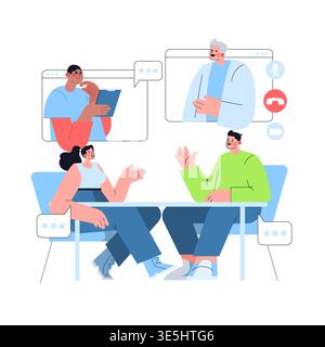 Vektorillustration eines virtuellen Meetings mit verschiedenen Teilnehmern. Einige Menschen sind in Gesprächen involviert, während andere aufmerksam zuhören und dabei Kommunikation und Zusammenarbeit betonen. Stock Vektor