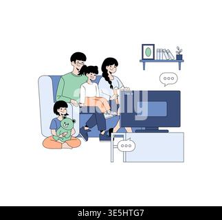 Die Familie sitzt zusammen auf einer Couch und genießt die Fernsehzeit. Eltern und Kinder lächeln und sind entspannt. Gesundes Familienbindungsmoment, dargestellt in einem einfachen Vektorstil. Stock Vektor