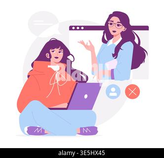 Vektorillustration eines virtuellen Meetings mit zwei Charakteren, einer auf einem Laptop und einer auf einem Bildschirm. Die Szene zeigt die Kommunikation und die Online-Interaktion zwischen den Teilnehmern. Stock Vektor