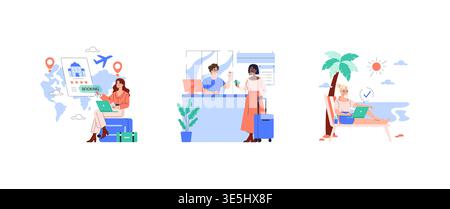 Vektorillustration zur Darstellung von Reiseplanung und Entspannung. Eine Frau Bucht eine Reise online, eine andere checkt mit einem Koffer in ein Hotel ein, und eine dritte arbeitet gerne am Laptop am Strand. Stock Vektor