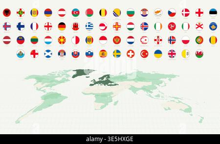 Sammlung der runden Flaggen Europas mit Europa auf einer Weltkarte. Vektorkennzeichen gesetzt. Stock Vektor