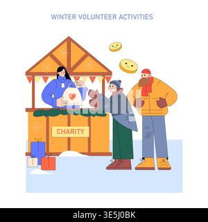 Vektor-Illustration von Winterfreiwilligen Aktivitäten, die einen Wohltätigkeitsstand zeigen, wo ein Freiwilliger Geschenktüten an Menschen in Not verteilt. Lächelnde Gesichter und warme Kleidung betonen die Großzügigkeit. Stock Vektor