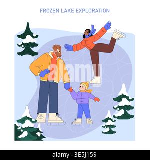 Vektor-Illustration einer Familie, die fröhlich auf einem gefrorenen See Schlittschuhlaufen läuft. Drei Personen in farbenfroher Winterkleidung skaten begeistert, umgeben von schneebedeckten Bäumen in einer fröhlichen Szene. Stock Vektor