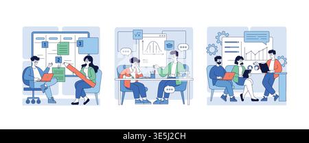 Vektorabbildung von drei Szenen, die Teamarbeit und Zusammenarbeit in einer Arbeitsumgebung darstellen. Personen, die Pläne überprüfen, Ideen sammeln und Datendiagramme gemeinsam diskutieren. Stock Vektor