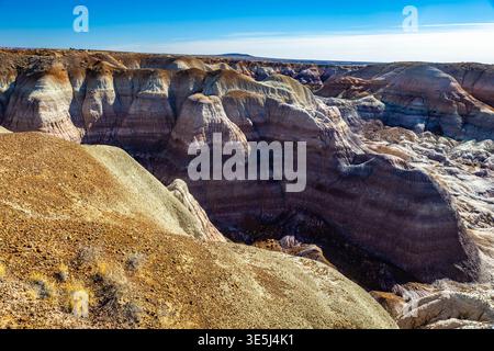 Die farbenfrohen Badlands der Painted Desert erstrecken sich über den Petrified Forest National Park in Arizona Stockfoto