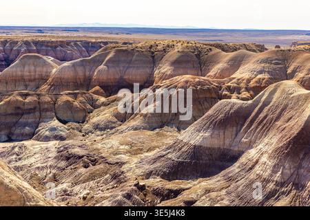 Die farbenfrohen Badlands der Painted Desert erstrecken sich über den Petrified Forest National Park in Arizona Stockfoto
