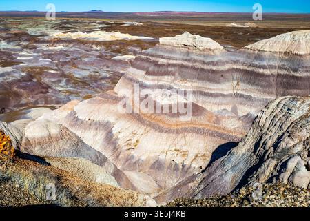 Die farbenfrohen Badlands der Painted Desert erstrecken sich über den Petrified Forest National Park in Arizona Stockfoto