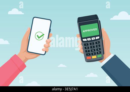Kontaktlose Zahlung mit Smartphone und POS-Terminal, Vektorillustration. Mobiles Bezahlen Tap-to-Pay-Konzept. Bargeldlose Kasse, NFC-Transaktion, Digital Stock Vektor