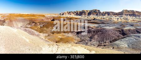Die farbenfrohen Badlands der Painted Desert erstrecken sich über den Petrified Forest National Park in Arizona Stockfoto