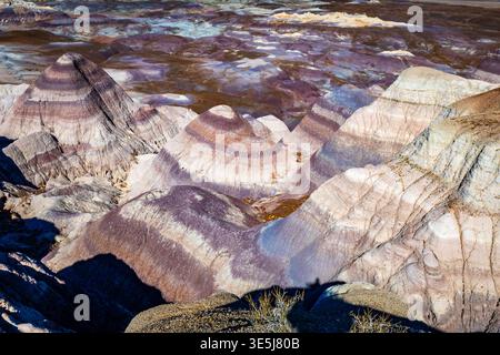Die farbenfrohen Badlands der Painted Desert erstrecken sich über den Petrified Forest National Park in Arizona Stockfoto