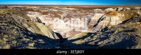 Die farbenfrohen Badlands der Painted Desert erstrecken sich über den Petrified Forest National Park in Arizona Stockfoto