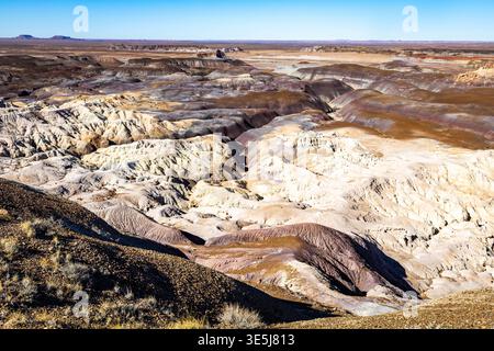 Die farbenfrohen Badlands der Painted Desert erstrecken sich über den Petrified Forest National Park in Arizona Stockfoto