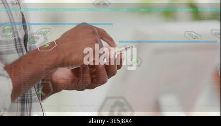 Tippmann mit karierter Hülle mit Smartphone bei der Demo, zeigt Hexadezimalsymbole und Code-Text Stockfoto