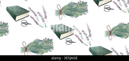 Buch-, Lavendel- und Kräuterbündel mit Schere. Handgemalte Aquarellwiederholung für Stoff, Geschenkpapier, Schreibwaren, Tapeten und Stockfoto