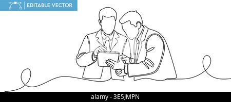Illustration von zwei Geschäftsleuten, die mit einem Tablet zusammenarbeiten. Stock Vektor